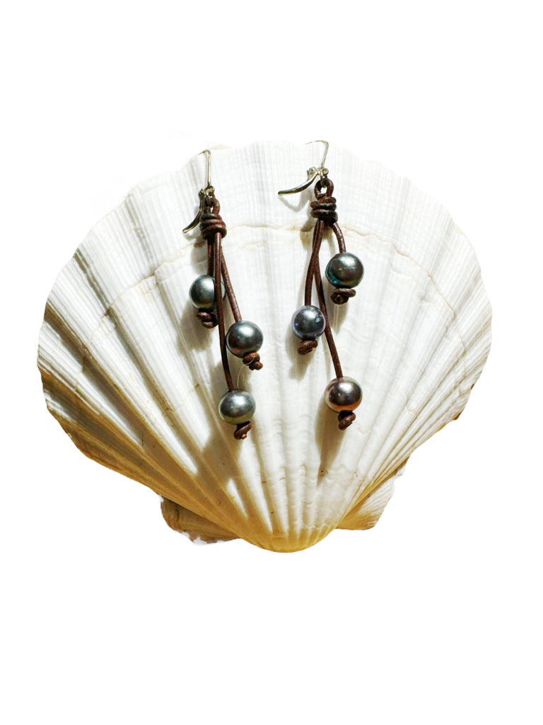 Midnight Cascade Leather and Pearl Earrings